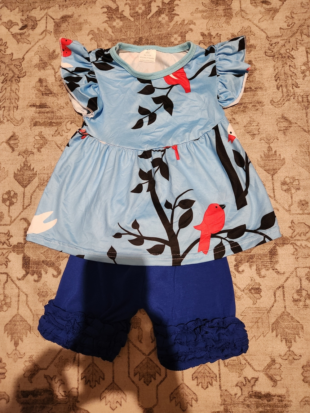 Kids Blue Bird Print Dress and Navy Ruffle Shorts Set